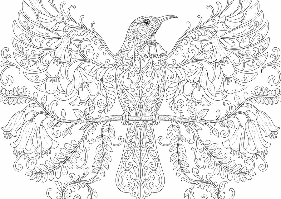 A close detail of the tui drawing, wings opening into kowhai blossom