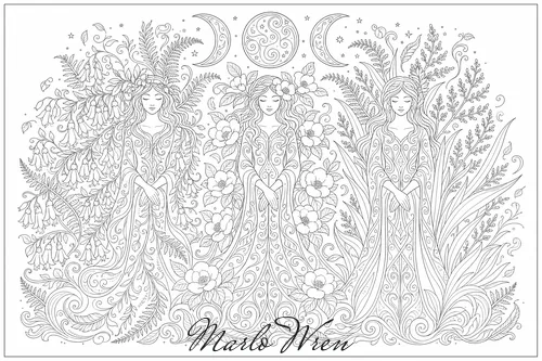 Maiden Mother Crone, a line drawing to colour