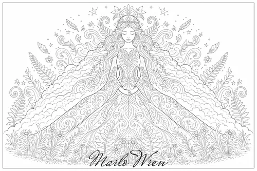 She Who Is the Mountain, a line drawing to colour