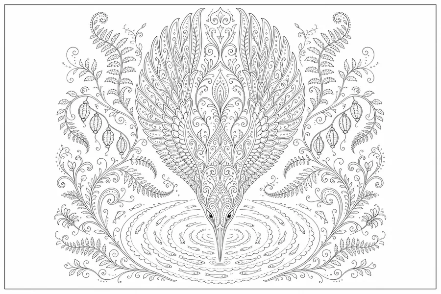 Line drawing of a kingfisher diving toward ripple rings and whitebait