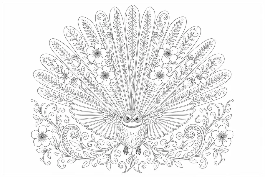Piwakawaka fantail with tail spread into a mandala of feathers